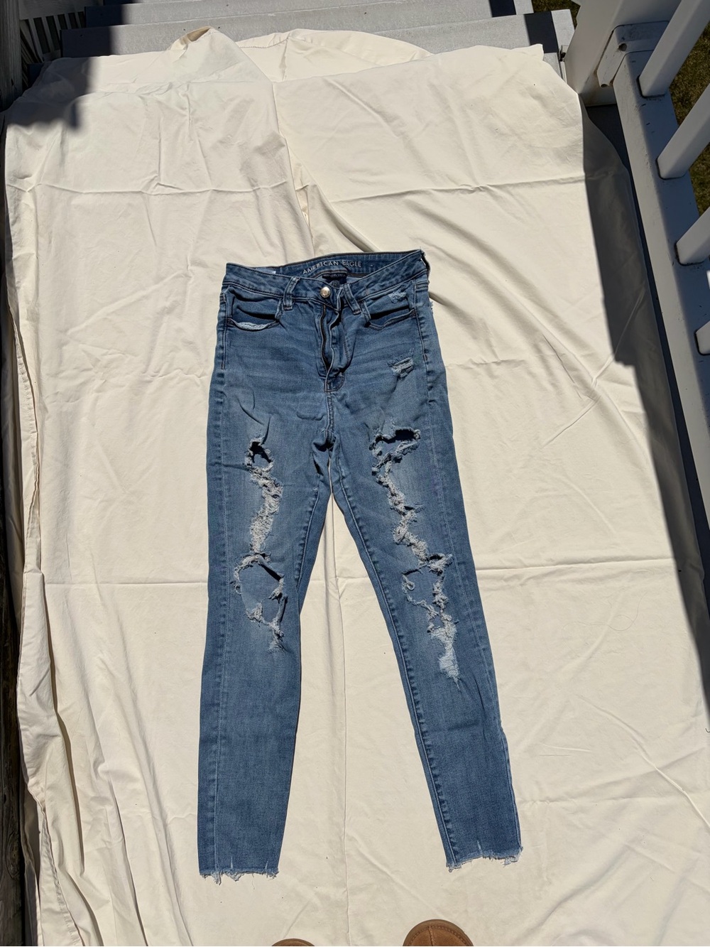 American Eagle Outfitters Distressed Straight-Leg Jeans - Light Blue